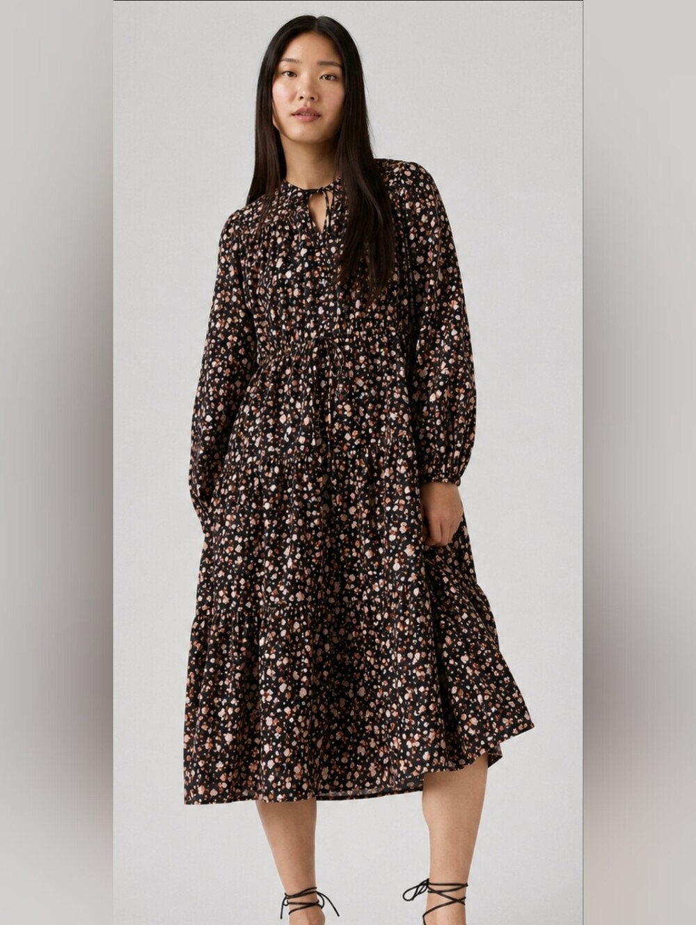 Levi's Black Long-Sleeve Floral Tiered Midi Dress- XS